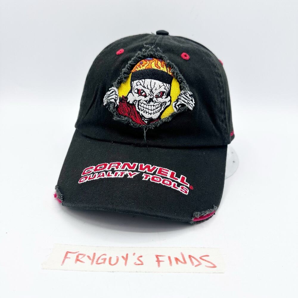 Y2K Cornwell Tools Skull Distressed Snapback Hat Cap Black Adjustable RARE